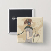 Jonge vrouw luistert muziek vierkante button 5,1 cm (Voorkant /achterkant)