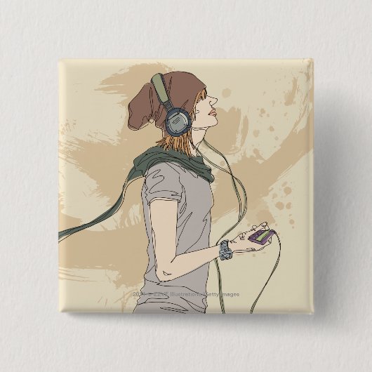 Jonge vrouw luistert muziek vierkante button 5,1 cm (Voorkant)