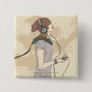 Jonge vrouw luistert muziek vierkante button 5,1 cm