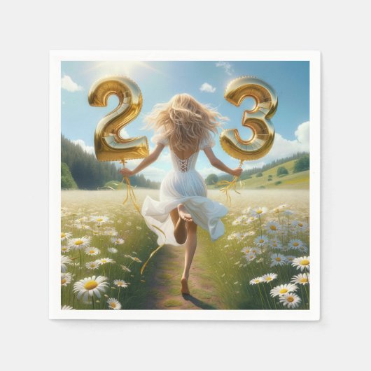 Jonge vrouw met ballonnen voor 23e verjaardag servet (Voorkant)