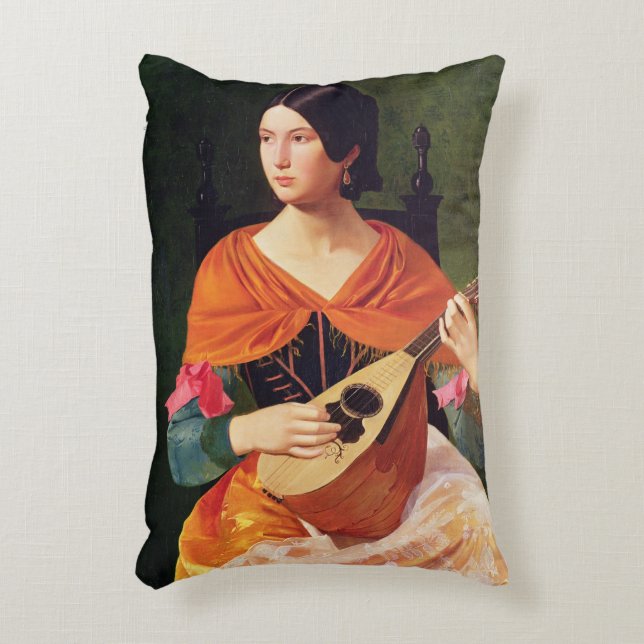 Jonge vrouw met een Mandolin, 1845-47 Accent Kussen (Voorkant(Verticaal))