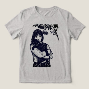 Jonge vrouw met een zwarte kat Tri-Blend shirt