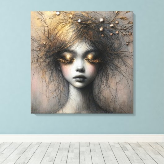 Jonge vrouw met gouden wimpers canvas afdruk (Insitu (Houten vloer))