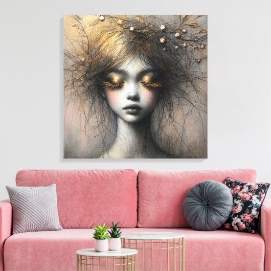 Jonge vrouw met gouden wimpers canvas afdruk (Insitu (Woonkamer))