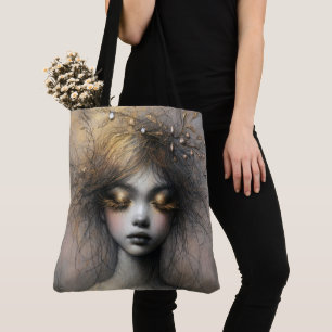 Jonge vrouw met gouden wimpers tote bag