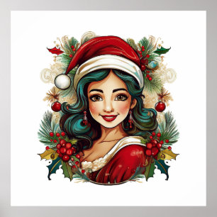 Jonge vrouw met Santa Claus kleding illustratie Poster