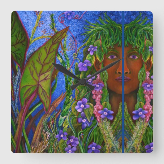 Jonge vrouw met schilderingen in tropisch landscha vierkante klok (Voorkant)