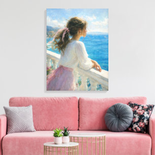 Jonge vrouw op een balkon met uitzicht op de oceaa canvas afdruk