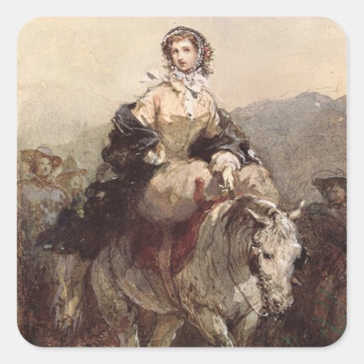 Jonge vrouw op een paard vierkante sticker (Voorkant)