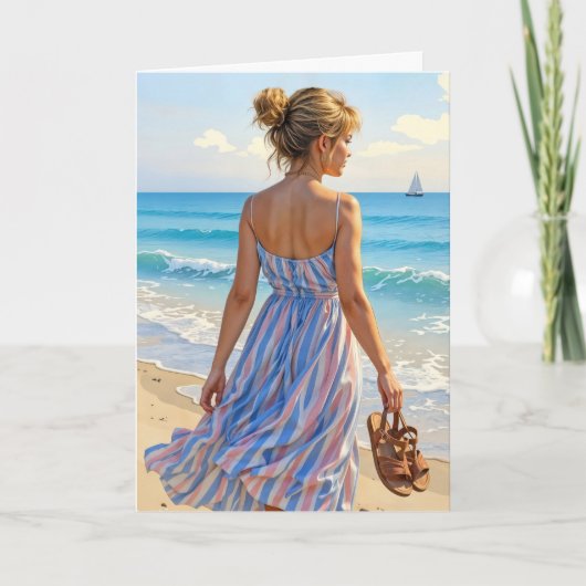 Jonge vrouw op het strand kaart (Voorkant)