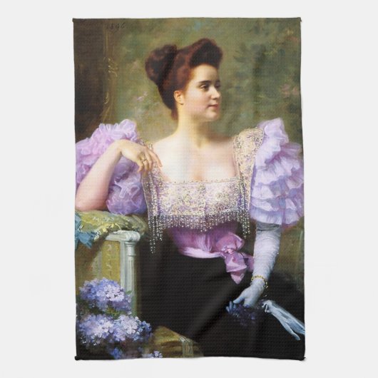 Jonge vrouw van een boeket van hydrangeas theedoek (Verticaal)