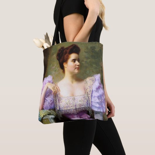 Jonge vrouw van een boeket van hydrangeas tote bag (Dichtbij)