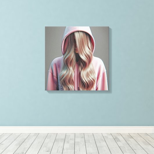 Jonge vrouw verstopt zich achter lang blond haar canvas afdruk (Insitu (Houten vloer))