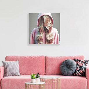 Jonge vrouw verstopt zich achter lang blond haar canvas afdruk