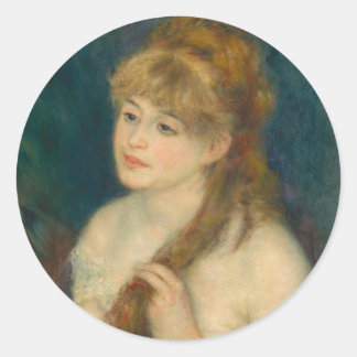 Jonge Vrouw Vlechten Haar Haar Door Renoir Ronde Sticker