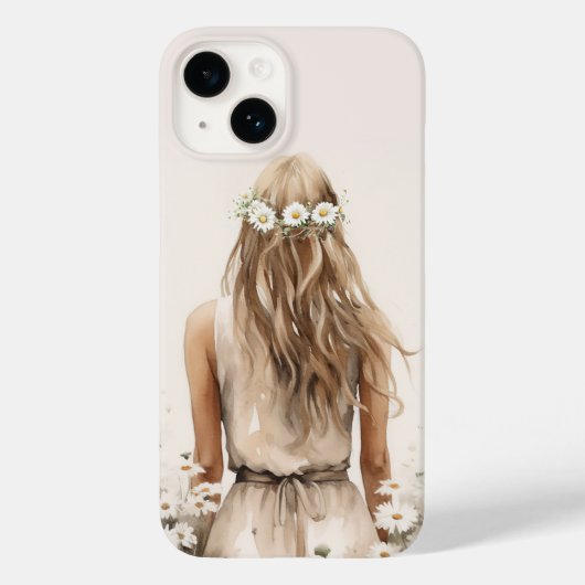 Jonge Vrouw Waterverf in Daisy Field Case-Mate iPhone Case (Achterkant)