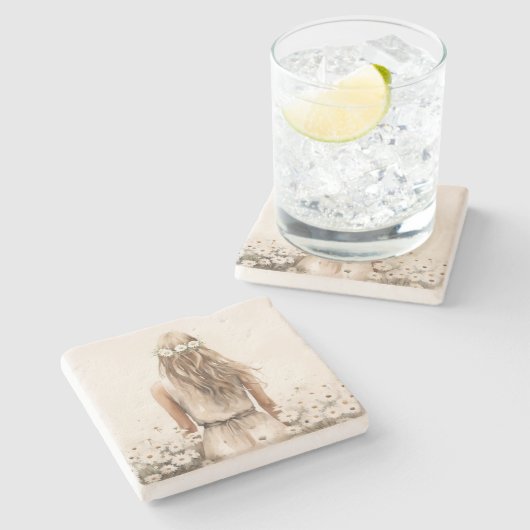 Jonge Vrouw Waterverf in Daisy Field Stenen Onderzetter (Zijkant)