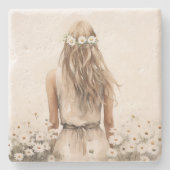 Jonge Vrouw Waterverf in Daisy Field Stenen Onderzetter (Voorkant)