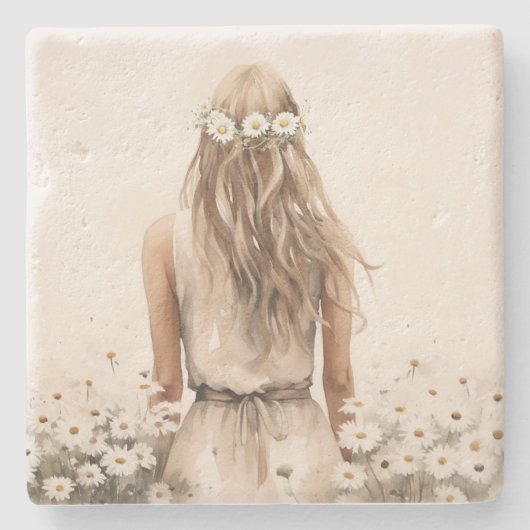 Jonge Vrouw Waterverf in Daisy Field Stenen Onderzetter (Voorkant)