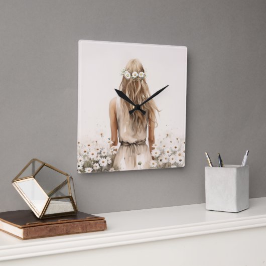 Jonge Vrouw Waterverf in Daisy Field Vierkante Klok (Kantoor)