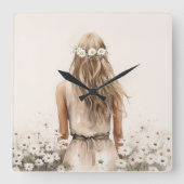 Jonge Vrouw Waterverf in Daisy Field Vierkante Klok (Voorkant)