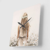 Jonge Vrouw Waterverf in Daisy Field Vierkante Klok (Hoek)