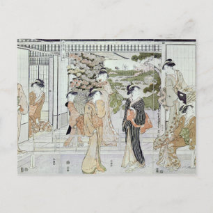 Jonge vrouwen met een mand chrysanten briefkaart