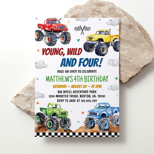 Jonge Wild 4e Monster Truck Kids Verjaardagsfeest Kaart