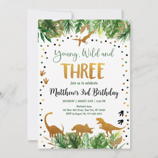 Jonge Wild en Drie Dinosaurus Verjaardag Kaart (Voorkant)