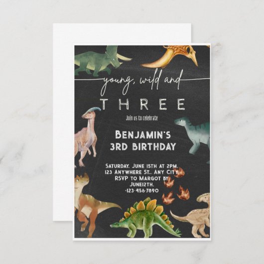 Jonge Wild en Drie Dinosaurus Waterverf Verjaardag Kaart (Voorkant / Achterkant)