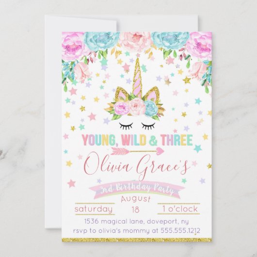 Jonge Wild en Drie Eenhoorn Verjaardag Uitnodiging (Voorkant)
