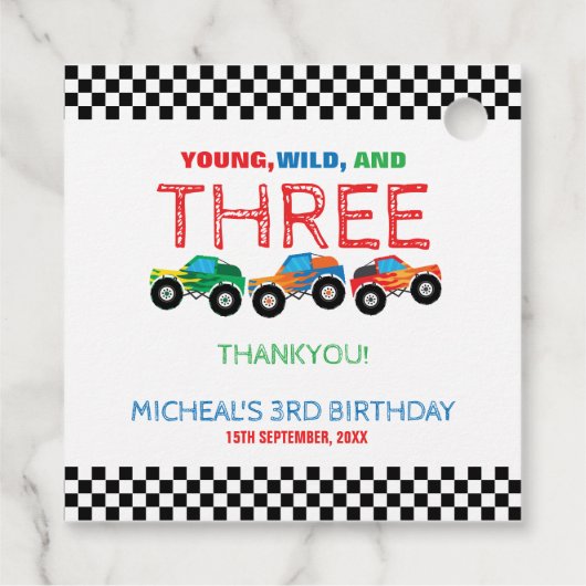 Jonge Wild en Drie Monster Truck Jongen Verjaardag Bedankjes Labels (Achterkant)