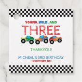 Jonge Wild en Drie Monster Truck Jongen Verjaardag Bedankjes Labels (Voorkant)