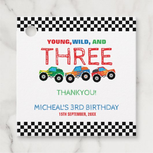 Jonge Wild en Drie Monster Truck Jongen Verjaardag Bedankjes Labels (Voorkant)