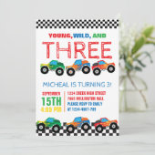 Jonge Wild en Drie Monster Truck Jongens Verjaarda Kaart (Staand voorkant)