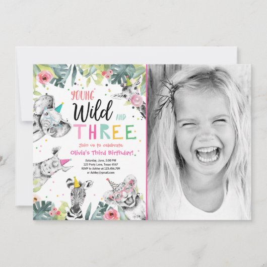 Jonge Wild en Drie Safari Dieren Meisje Verjaardag Kaart (Voorkant)