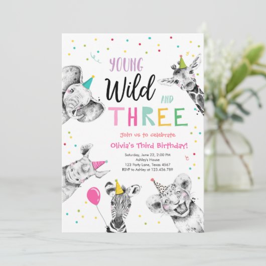 Jonge Wild en Drie Safari Party Dieren Verjaardag Kaart (Staand voorkant)