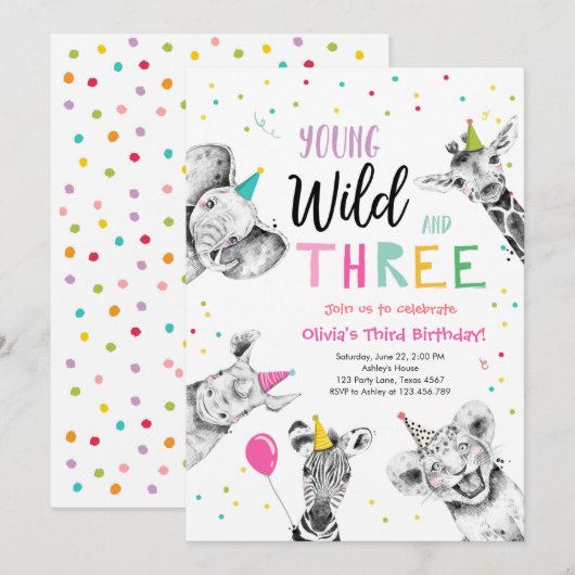 Jonge Wild en Drie Safari Party Dieren Verjaardag Kaart (Voorkant / Achterkant)