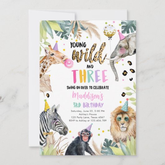 Jonge Wild en Drie Safari Party Dieren Verjaardag Kaart (Voorkant)