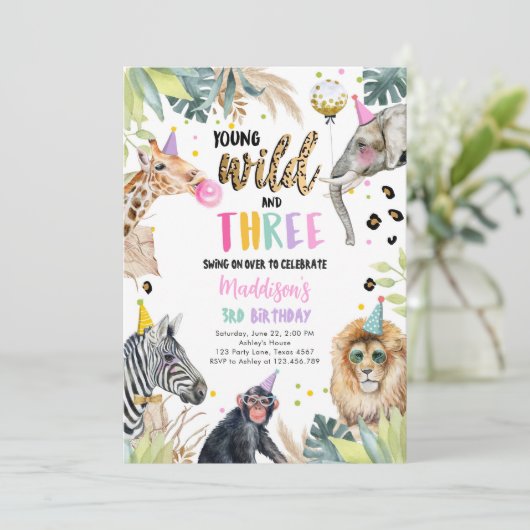 Jonge Wild en Drie Safari Party Dieren Verjaardag Kaart (Staand voorkant)