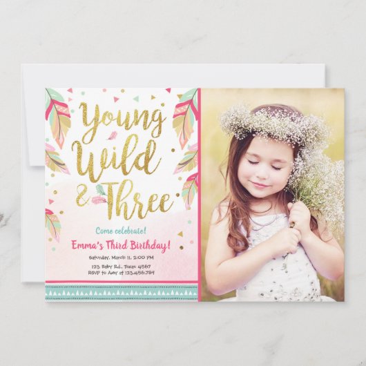 Jonge Wild en Drie Veren Roze Gouden Verjaardag Kaart (Voorkant)