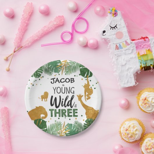 Jonge Wild en Safari Animals Boy met drie verjaard Papieren Bordje (Feest)