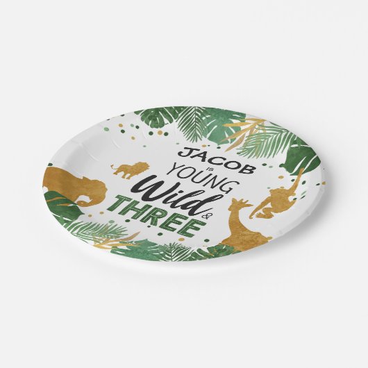 Jonge Wild en Safari Animals Boy met drie verjaard Papieren Bordje (Gekanteld)