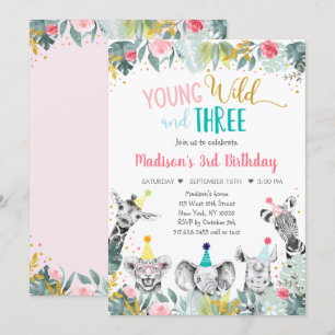 Jonge wilde dieren en drie roze dieren kaart