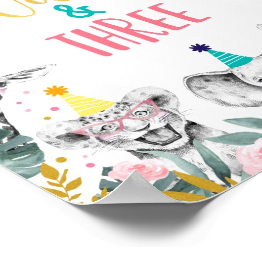 Jonge wilde dieren en drie roze dieren poster (Hoek)