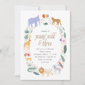Jonge wilde dieren en drie Safari Birthday Party Kaart (Voorkant)