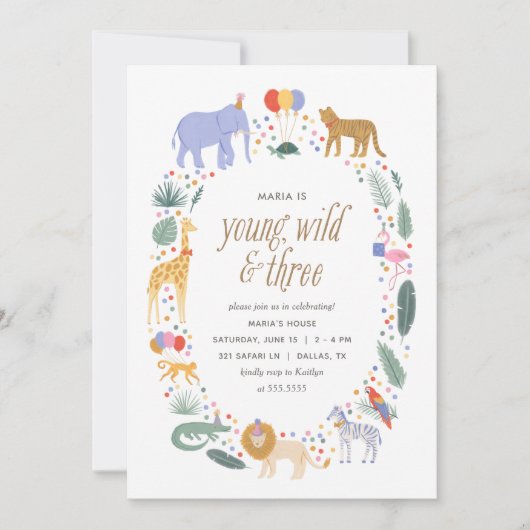 Jonge wilde dieren en drie Safari Birthday Party Kaart (Voorkant)