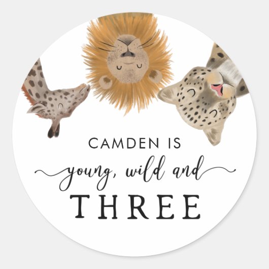 Jonge wilde dieren en drie Safari Birthday Party Ronde Sticker (Voorkant)