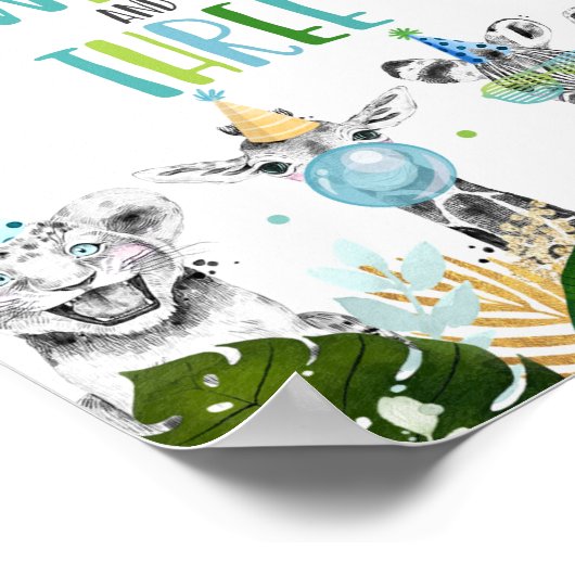 Jonge wilde dieren en drie Safari-feesten op zater Poster (Hoek)