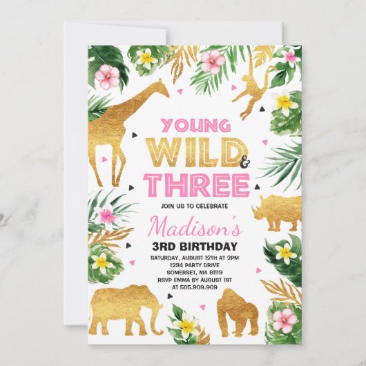 Jonge wilde dieren en drie wilde dieren die op een kaart (Voorkant)